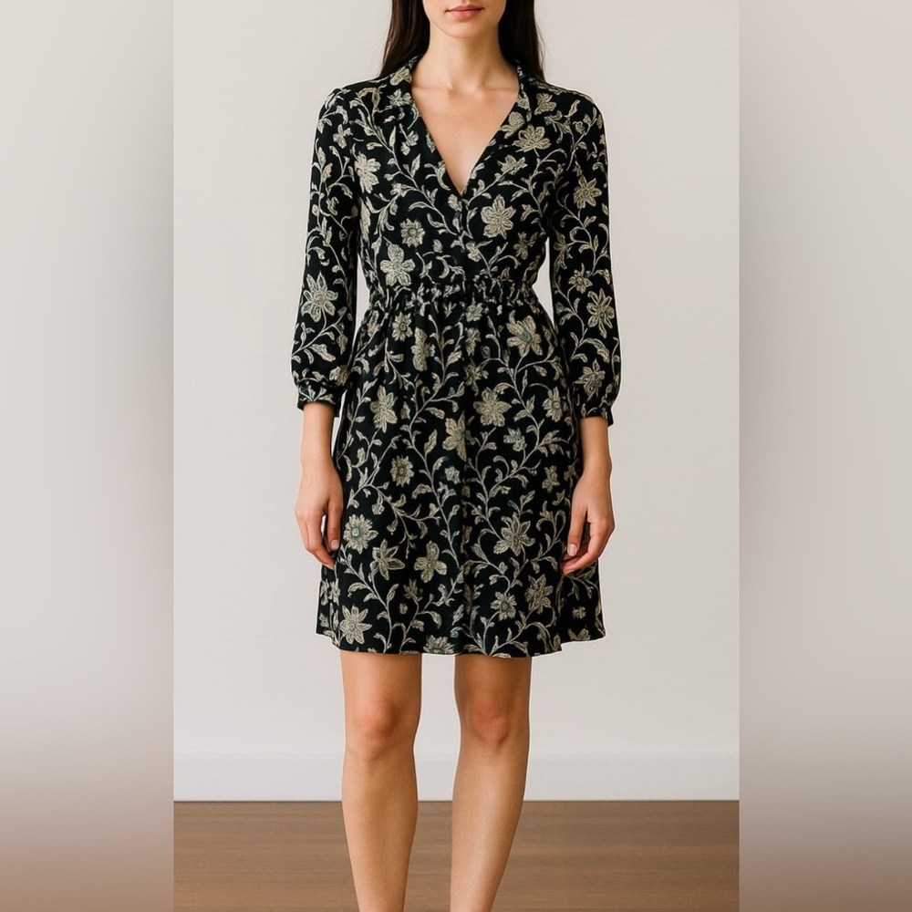 ZARA Floral Satin Effect Long Sleeve Shirt Dress Black White Size XL Fall Style - Picture 3 of 16